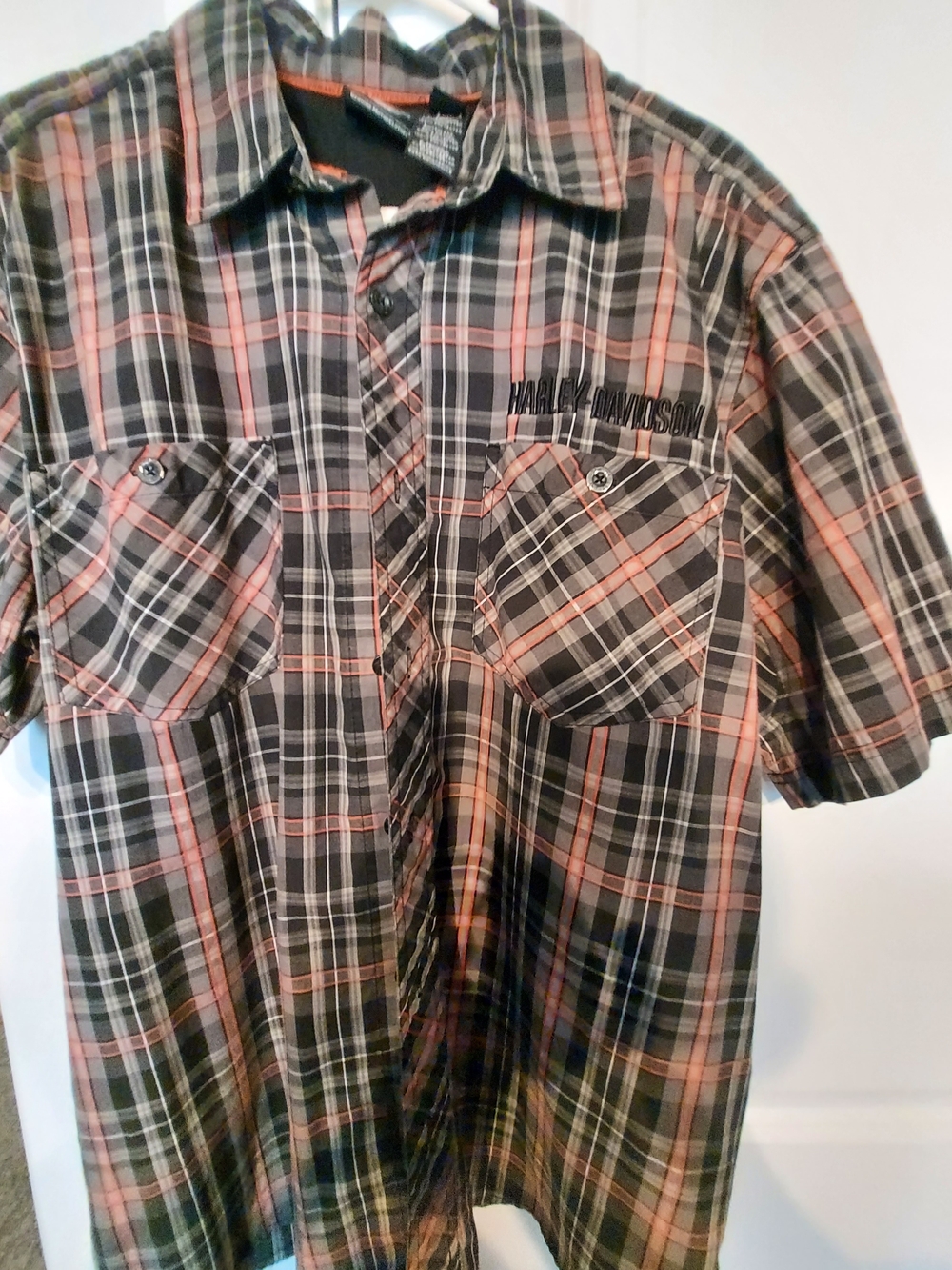Harley-Davidson Men's Black and Orange Plaid Button-Up Shirt